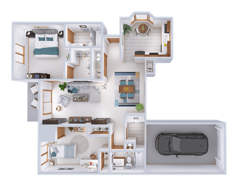 Floor plan for 2 beds, 2 baths, 1222 sqft